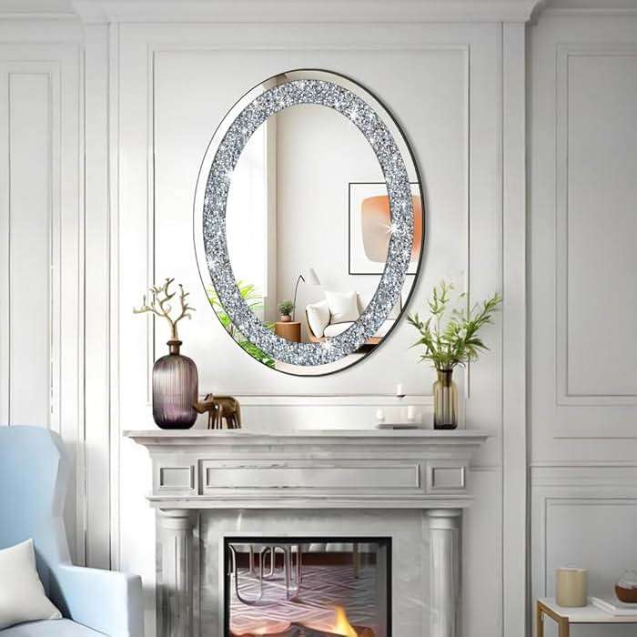 DMDFIRST Crystal Crushed Diamond Oval Shaped Silver Mirror Glam Bling for Wall Decoration 24x32x0.9inch Frameless Wall Hang Sparkly Glass Mirror Stunning Stylish Fashion Home Decor Decorative Mirror - Image 4