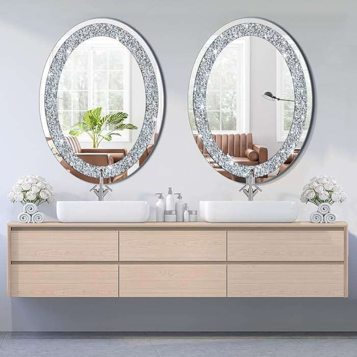 DMDFIRST Crystal Crushed Diamond Oval Shaped Silver Mirror Glam Bling for Wall Decoration 24x32x0.9inch Frameless Wall Hang Sparkly Glass Mirror Stunning Stylish Fashion Home Decor Decorative Mirror - Image 7