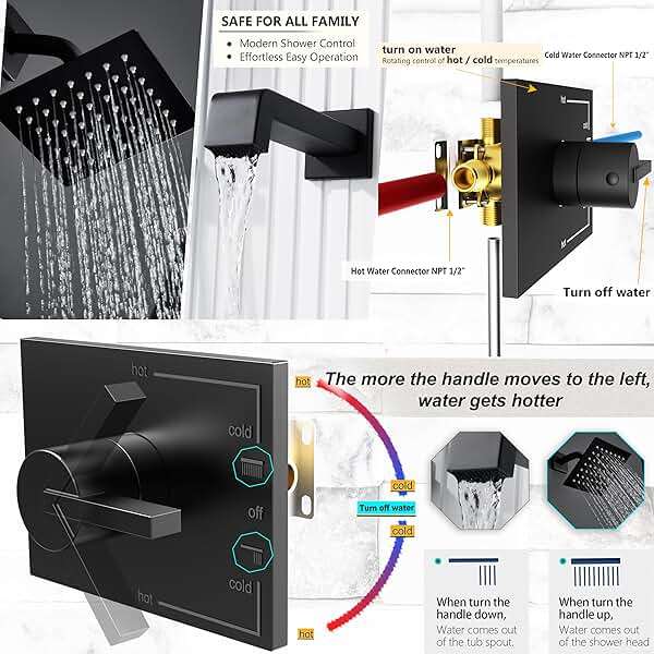 SOOOHOT Shower Fixtures, Black Shower Faucet Set with 6 Inch Matte Black Shower Head and Tub Spout, Black Shower Head and Handle Set (Valve Included) - Image 8
