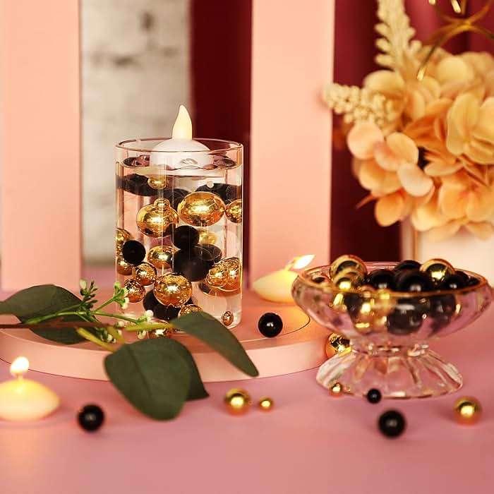 150 Pieces Vase Makeup Beads No Hole Gloss Mixed Sizes Round Pearl for Home Wedding Decor, 8/14/20 mm(Gold, Black) - Image 2