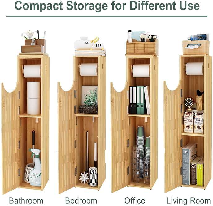 AmazerBath Toilet Paper Storage Cabinet Bamboo, Toilet Paper Holder with Storage for Small Spaces, Slim Bathroom Storage Cabinet, 33x7.3x6.5 Inches - Image 3