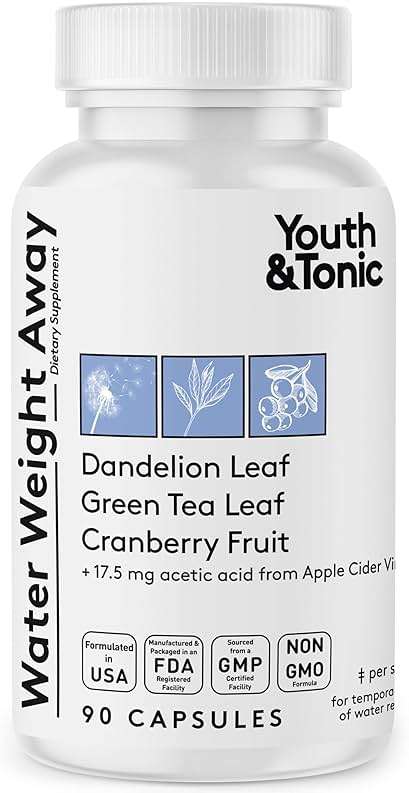 Youth & Tonic Water Pills for Fluid Retention – Water Weight Away Natural Diuretic for Bloat Relief & Fluid Balance, Support for Swollen Legs & Feet with Potassium & Vitamin B6 – 90 Pills - Image 1