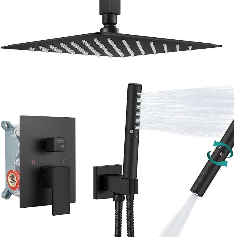 Aolemi Ceiling Mount Shower Faucet Set,Shower System Rain Showerhead and Handheld Spray Combo High-Pressure Showerheads Set with Valve and Trim Kit Rough-in Valve,12 Inch Matte Black - Image 1