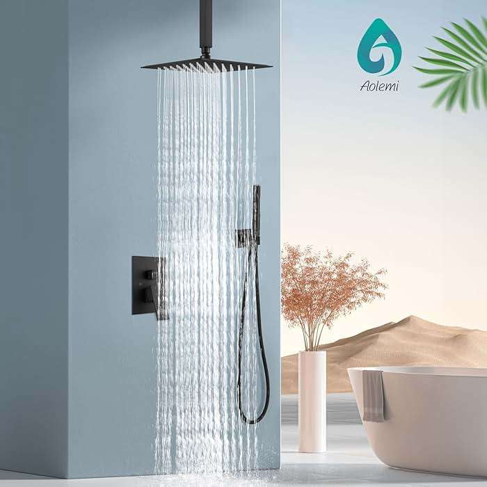 Aolemi Ceiling Mount Shower Faucet Set,Shower System Rain Showerhead and Handheld Spray Combo High-Pressure Showerheads Set with Valve and Trim Kit Rough-in Valve,12 Inch Matte Black - Image 3