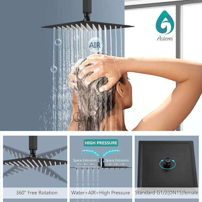 Aolemi Ceiling Mount Shower Faucet Set,Shower System Rain Showerhead and Handheld Spray Combo High-Pressure Showerheads Set with Valve and Trim Kit Rough-in Valve,12 Inch Matte Black - Image 9