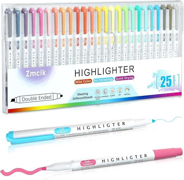 Zmcik Double Ended Highlighters with Soft Chisel Tip, 25-Pack Quick Dry Assorted Colors, Pastel Highlighters Set for School/Office Journaling, Bible Assorted Colors - Image 1