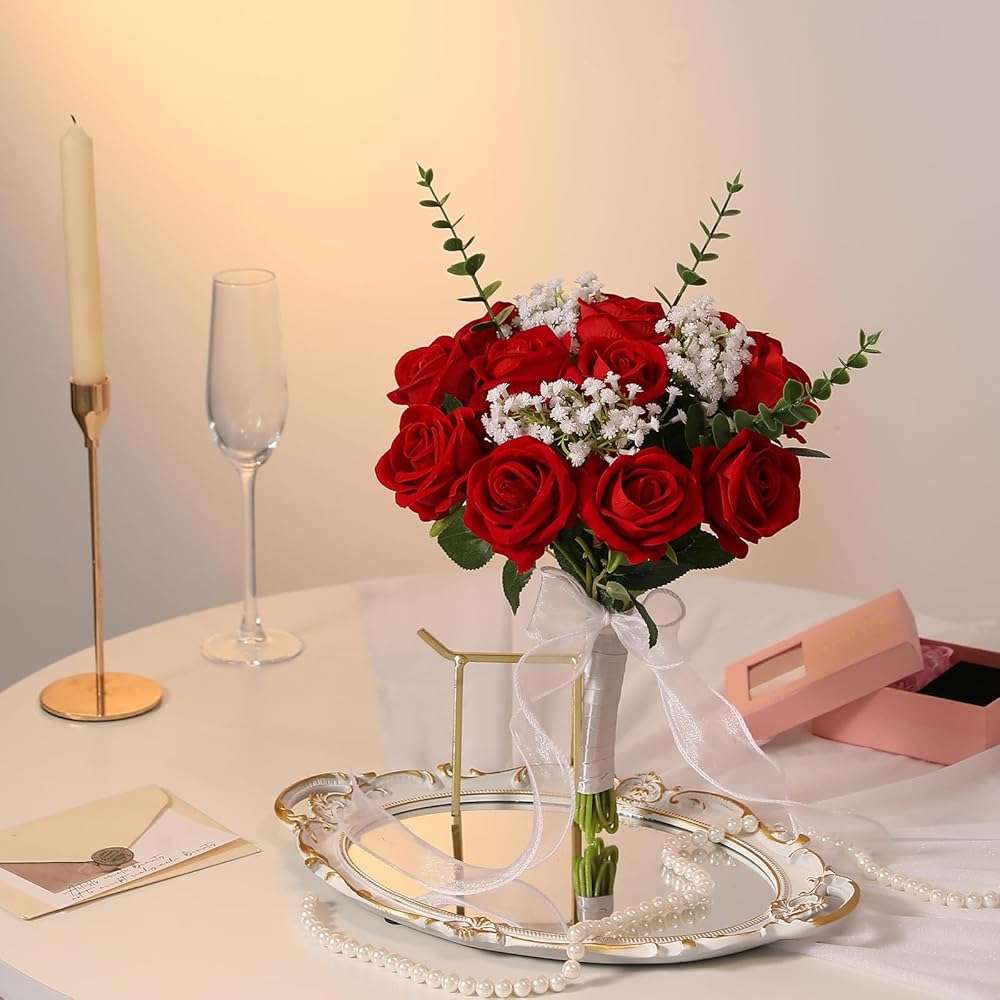Hawesome 12PCS Artificial Flowers Fake Roses, Realistic Velvet Long Stem Red Roses Bouquet for Wedding Centerpiece Home Decor Party & Valentines (Red) - Image 5