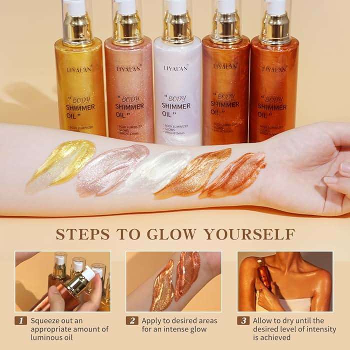Liyalan Shimmer Body Oil Bronze Gold 5 Color Bronze 3.38 Fl Oz Face Glow Pearl Highlighter Illuminator body Makeup Shine Glitter Gold Liquid Taning - Image 4