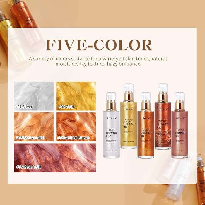 Liyalan Shimmer Body Oil Bronze Gold 5 Color Bronze 3.38 Fl Oz Face Glow Pearl Highlighter Illuminator body Makeup Shine Glitter Gold Liquid Taning - Image 7