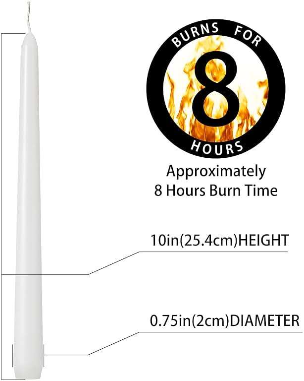 Tuyai 24 Pack Tall White Taper Candles, 10 inch (H) Dripless, Unscented Dinner Candle, Smokeless Taper Candles, Paraffin Wax with Cotton Wicks, 8 Hours Burn Time - Image 2