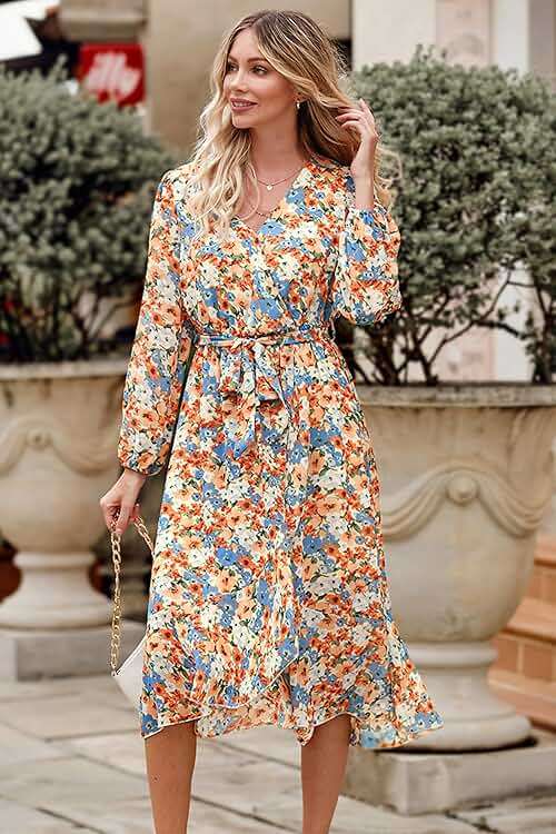 PRETTYGARDEN Women's Floral Boho Dress Fall Long Sleeve Wrap V Neck Ruffle Flowy Maxi Spring Wedding Guest Vacation Dresses - Image 3
