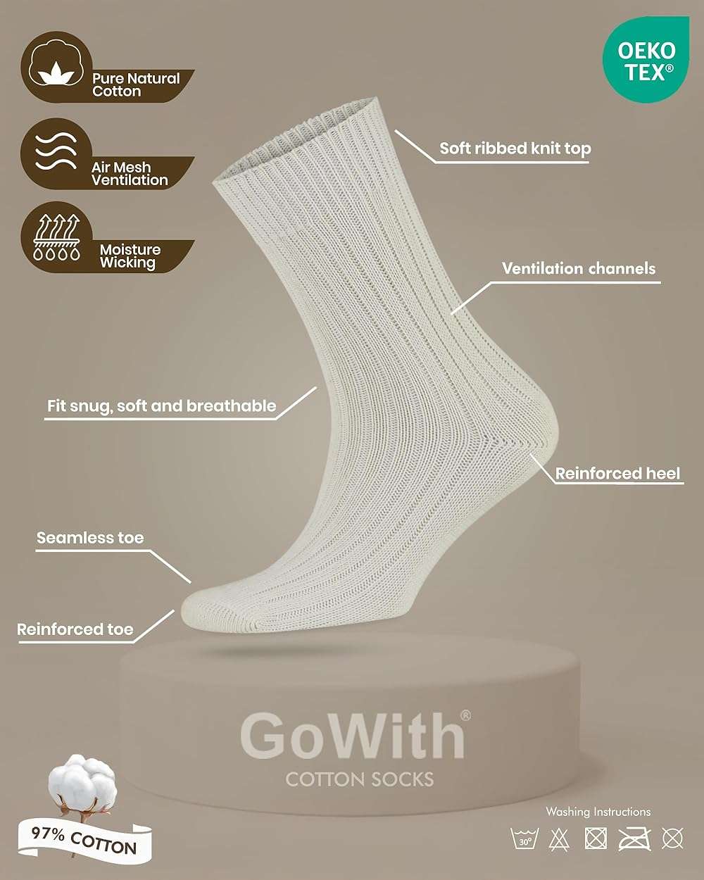 GoWith 4-5 Pairs Unisex Natural 97% Cotton Crew Socks, Pure Cotton Comfy Cozy Breathable Seamless Casual Socks for Men Women - Image 4