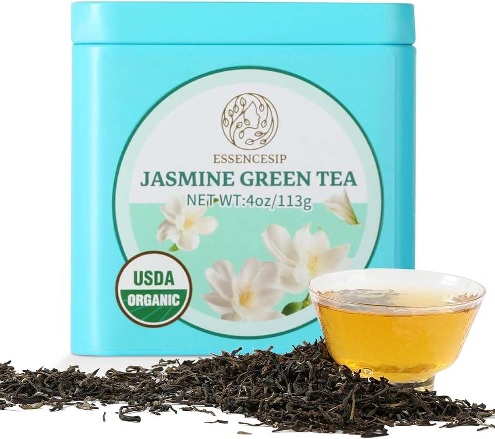 Essencesip Organic Jasmine Green Tea Loose Leaf, 4oz Tin – Scented 5x with 6,000 Fresh Jasmine Blossoms, Low Caffeine, Antioxidant-Rich - Image 1