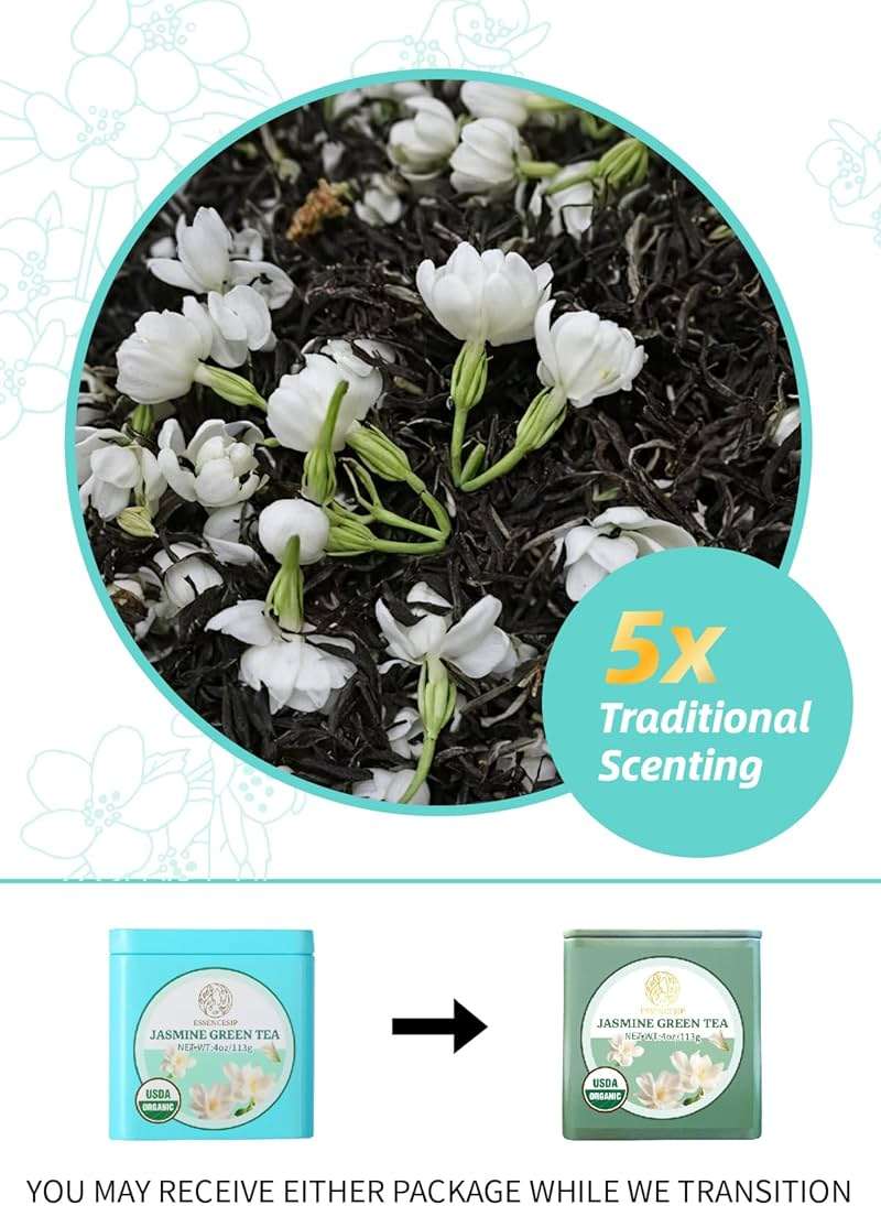 Essencesip Organic Jasmine Green Tea Loose Leaf, 4oz Tin – Scented 5x with 6,000 Fresh Jasmine Blossoms, Low Caffeine, Antioxidant-Rich - Image 2