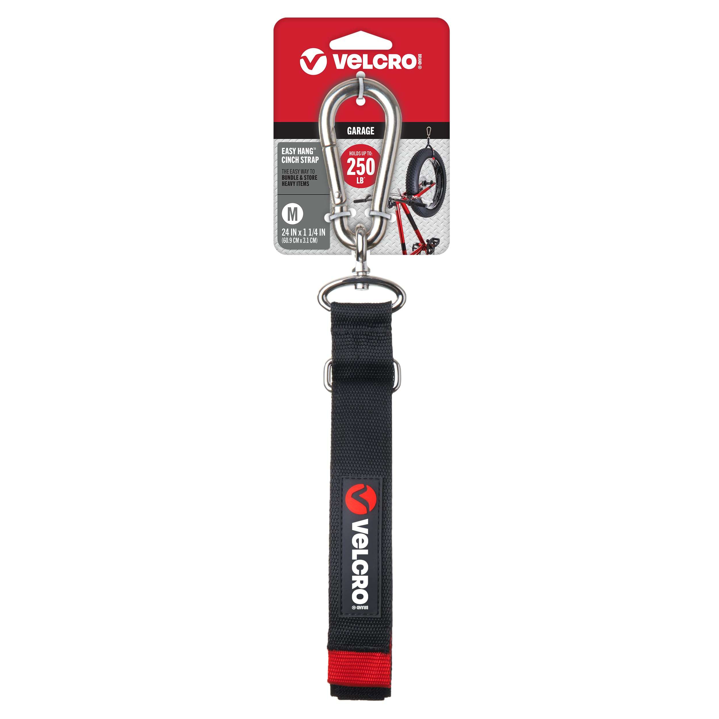 VELCRO Brand Easy Hang Heavy Duty Cinch Strap with Carabiner Hook – Garage & Outdoor Organizer, Holds 250 lbs, 24in x 1.25in - Image 1