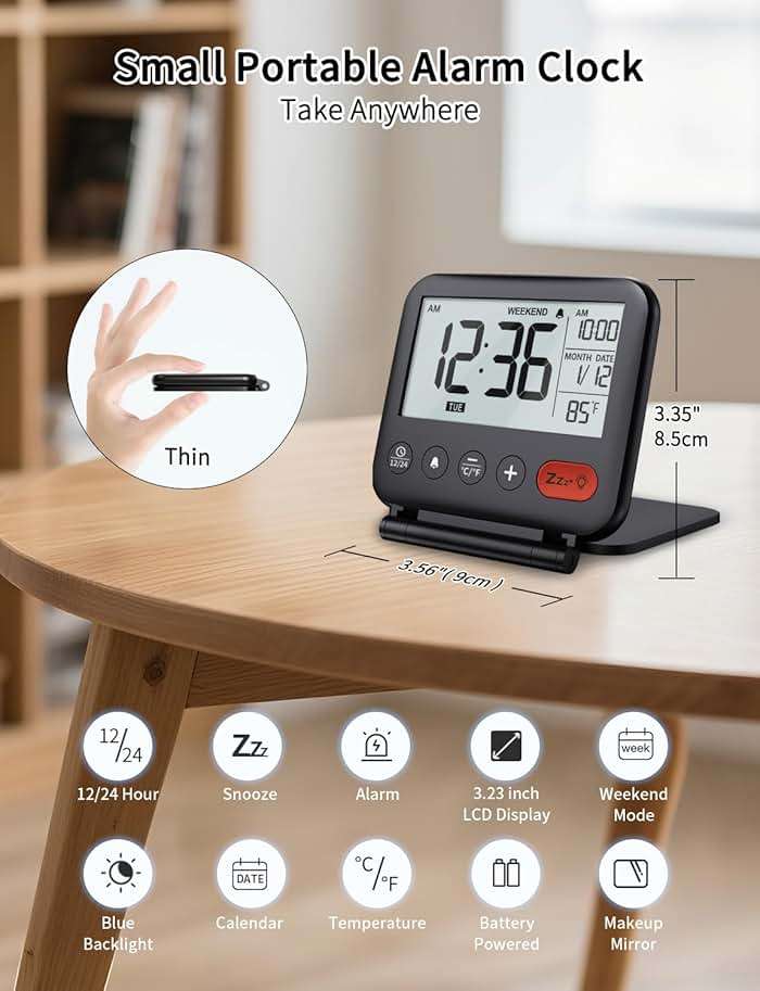 NOKLEAD Digital Travel Alarm Clock for Bedroom Office: Small LCD Desk Clock with Backlight Date Temperature Snooze 12/24H Weekend Mode and Mirror, Battery Powered Folding Bedside Clock for Adult Kids - Image 3