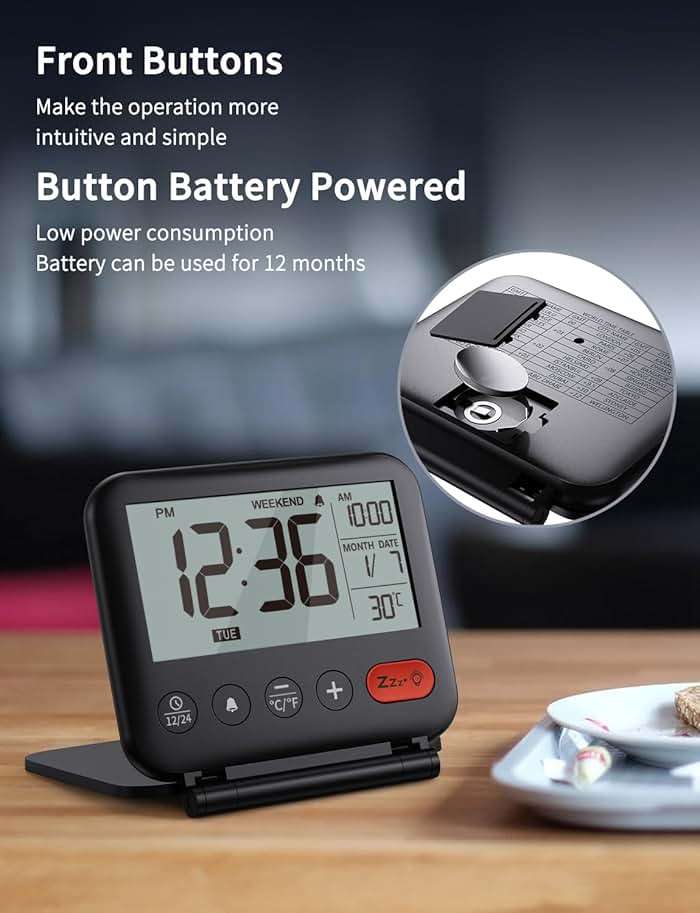 NOKLEAD Digital Travel Alarm Clock for Bedroom Office: Small LCD Desk Clock with Backlight Date Temperature Snooze 12/24H Weekend Mode and Mirror, Battery Powered Folding Bedside Clock for Adult Kids - Image 4
