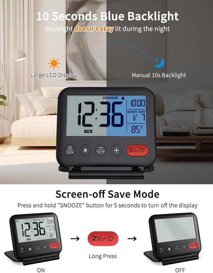 NOKLEAD Digital Travel Alarm Clock for Bedroom Office: Small LCD Desk Clock with Backlight Date Temperature Snooze 12/24H Weekend Mode and Mirror, Battery Powered Folding Bedside Clock for Adult Kids - Image 5