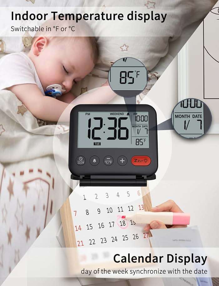 NOKLEAD Digital Travel Alarm Clock for Bedroom Office: Small LCD Desk Clock with Backlight Date Temperature Snooze 12/24H Weekend Mode and Mirror, Battery Powered Folding Bedside Clock for Adult Kids - Image 6