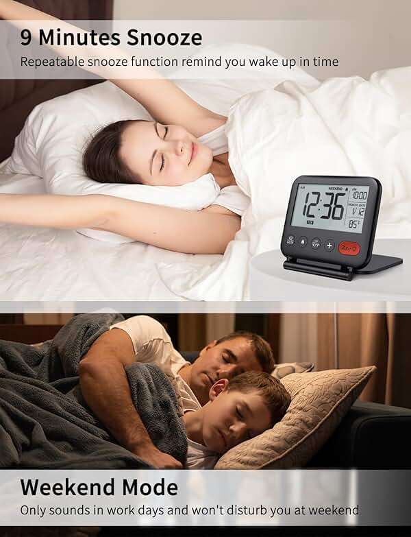NOKLEAD Digital Travel Alarm Clock for Bedroom Office: Small LCD Desk Clock with Backlight Date Temperature Snooze 12/24H Weekend Mode and Mirror, Battery Powered Folding Bedside Clock for Adult Kids - Image 7