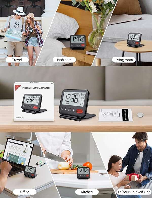 NOKLEAD Digital Travel Alarm Clock for Bedroom Office: Small LCD Desk Clock with Backlight Date Temperature Snooze 12/24H Weekend Mode and Mirror, Battery Powered Folding Bedside Clock for Adult Kids - Image 9