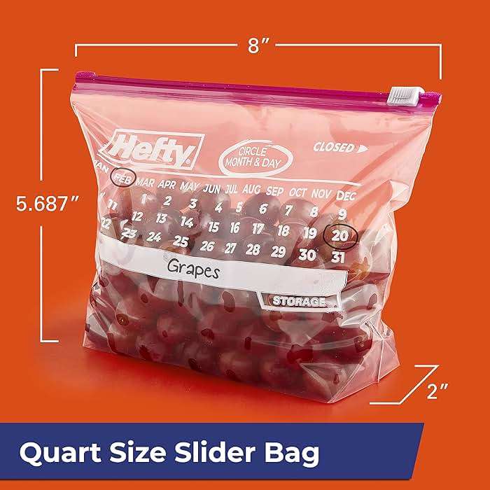 Hefty Calendar Slider Quart Storage Bags, 40 Count (Pack of 4), Quart Slider Bags with Calendar Dates, Holds Raw Meat, Cheese, Fruits, Veggies, and More, Secure Zip and Click Closure, 160 Bags - Image 2