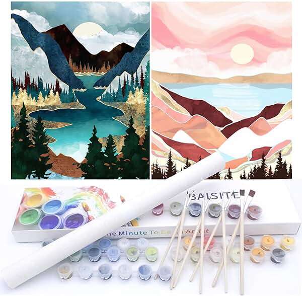 BAISITE Paint by Numbers Kit for Adults Beginners,12" Wx16 L 2 Pack Canvas for Painting Kits for Adults in Colorful Box-Sunset Lake Mountains1112 - Image 1