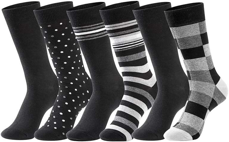 GLENMEARL Mens Dress Socks 6 Pack, Classic Patterned Black Combed Cotton Casual Mid Calf Socks for Men, Size 10-13 - Image 1