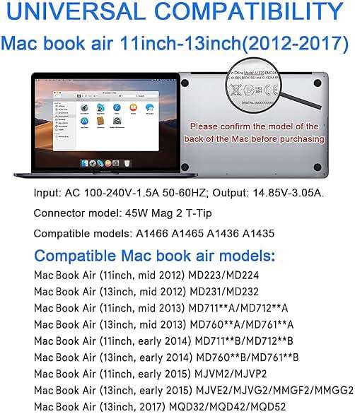 Mac Book Air Charger Replacement, 45W Power T-tip Magnetic DC Connector Adapter for Mac Book Air 11 inch and 13 inch (Between 2012-2017) - Image 2