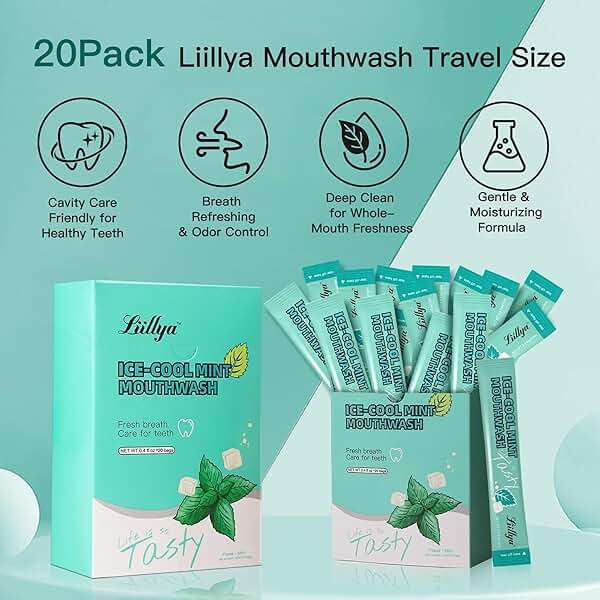 Liillya Travel Mouthwash Packets, Portable Single-Use Oral Rinse for Fresh Breath, Alcohol Free & Fluoride Free Cool Mint, TSA Compliant Travel Size Mouthwash, 20 Packs - Image 3