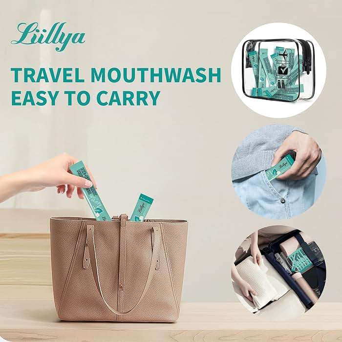 Liillya Travel Mouthwash Packets, Portable Single-Use Oral Rinse for Fresh Breath, Alcohol Free & Fluoride Free Cool Mint, TSA Compliant Travel Size Mouthwash, 20 Packs - Image 4