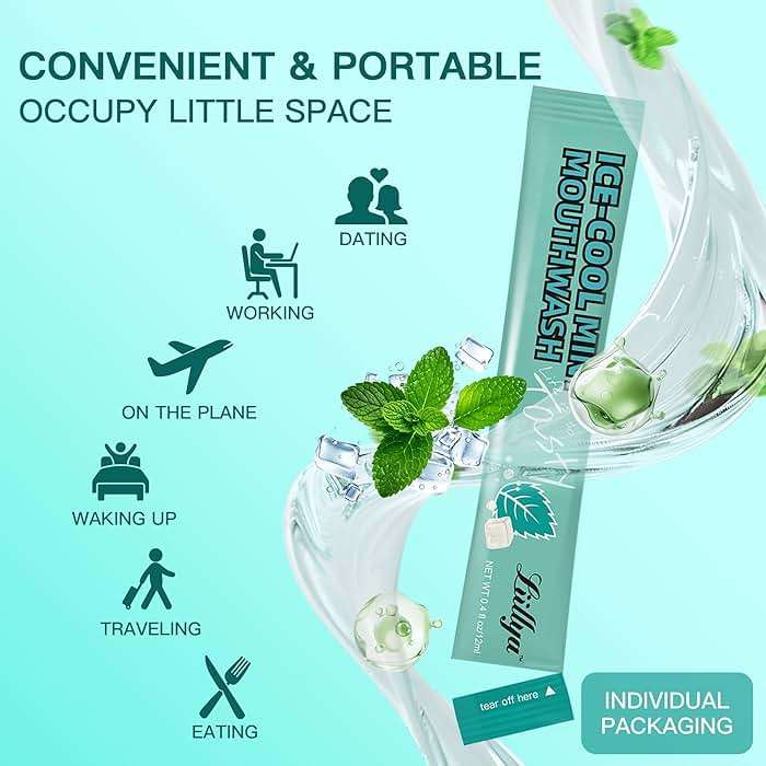 Liillya Travel Mouthwash Packets, Portable Single-Use Oral Rinse for Fresh Breath, Alcohol Free & Fluoride Free Cool Mint, TSA Compliant Travel Size Mouthwash, 20 Packs - Image 7