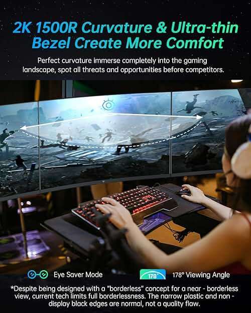 KTC 32 inch Curved Gaming Monitor, 2K 180Hz 185Hz 1440P PC Monitor, 1500R Frameless, 1ms, HDR, FreeSync Premium, DisplayPort/HDMI/USB, VESA Wall Mount, H32S17 - Image 3