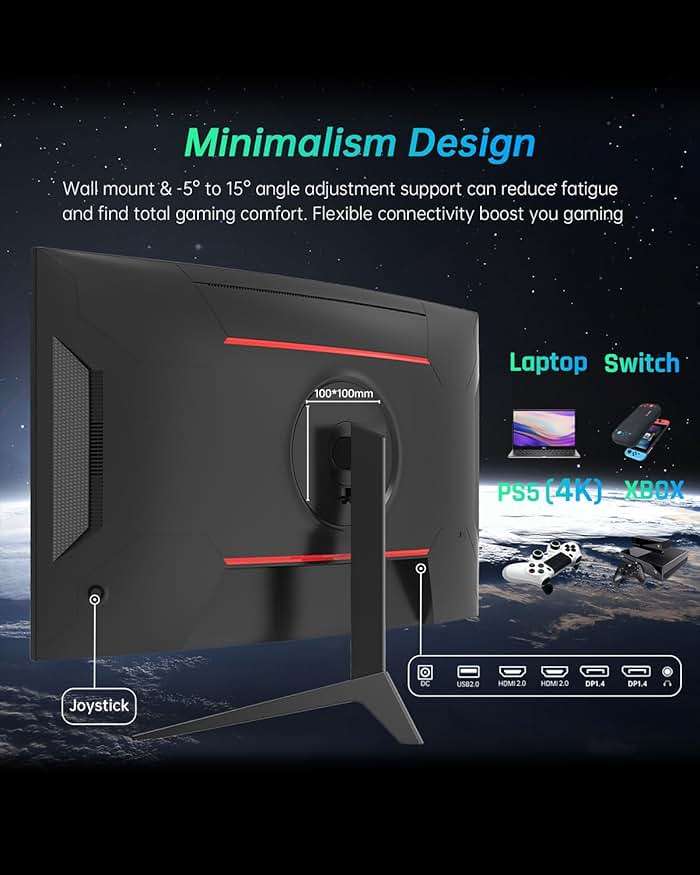 KTC 32 inch Curved Gaming Monitor, 2K 180Hz 185Hz 1440P PC Monitor, 1500R Frameless, 1ms, HDR, FreeSync Premium, DisplayPort/HDMI/USB, VESA Wall Mount, H32S17 - Image 6