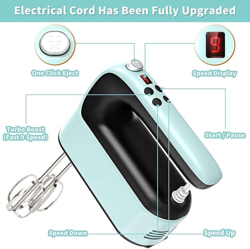 Yomelo 9-Speed Digital Hand Mixer Electric, 400W Powerful DC Motor, Hand Mixer Electric Handheld with Snap-On Storage Case, 5 Stainless Steel Accessories, Beaters, Dough Hooks, Whisk(Ice Blue/Black) - Image 4