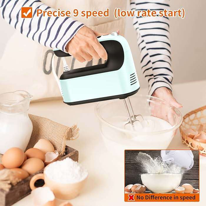 Yomelo 9-Speed Digital Hand Mixer Electric, 400W Powerful DC Motor, Hand Mixer Electric Handheld with Snap-On Storage Case, 5 Stainless Steel Accessories, Beaters, Dough Hooks, Whisk(Ice Blue/Black) - Image 5