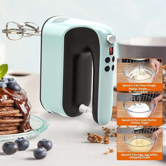 Yomelo 9-Speed Digital Hand Mixer Electric, 400W Powerful DC Motor, Hand Mixer Electric Handheld with Snap-On Storage Case, 5 Stainless Steel Accessories, Beaters, Dough Hooks, Whisk(Ice Blue/Black) - Image 8