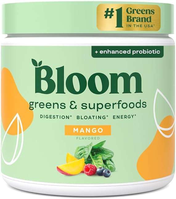 Bloom Nutrition Superfood Greens Powder, Digestive Enzymes with Probiotics and Prebiotics, Gut Health, Bloating Relief for Women, Chlorella, Green Juice Mix with Beet Root Powder, 30 SVG, Mango - Image 1