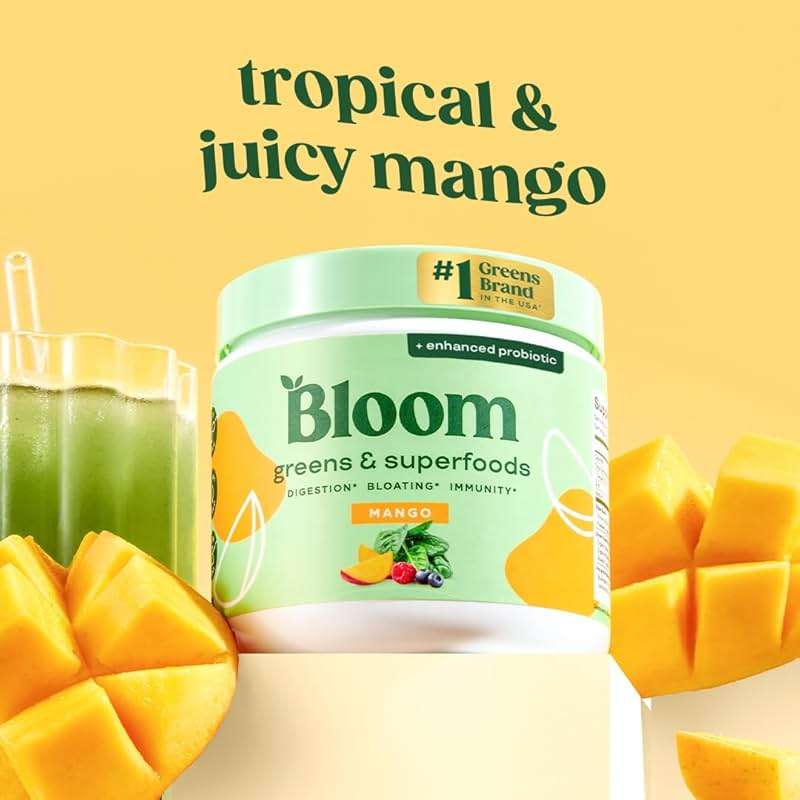 Bloom Nutrition Superfood Greens Powder, Digestive Enzymes with Probiotics and Prebiotics, Gut Health, Bloating Relief for Women, Chlorella, Green Juice Mix with Beet Root Powder, 30 SVG, Mango - Image 2