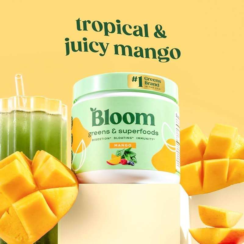 Bloom Nutrition Superfood Greens Powder, Digestive Enzymes with Probiotics and Prebiotics, Gut Health, Bloating Relief for Women, Chlorella, Green Juice Mix with Beet Root Powder, 30 SVG, Mango - Image 7