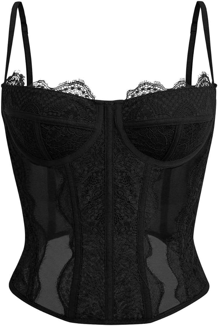 Dealmore Corset Tops For Women Going Out Lace Mesh Date Night Fall Fashion Outfits Clothes Crop Cute Party Strap Tank - Image 1