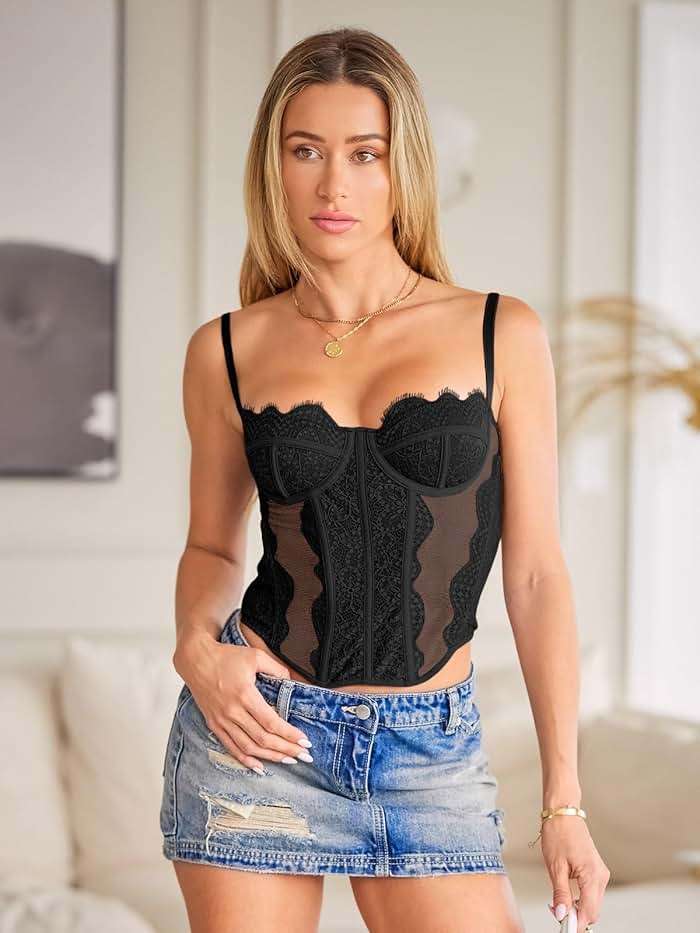 Dealmore Corset Tops For Women Going Out Lace Mesh Date Night Fall Fashion Outfits Clothes Crop Cute Party Strap Tank - Image 4