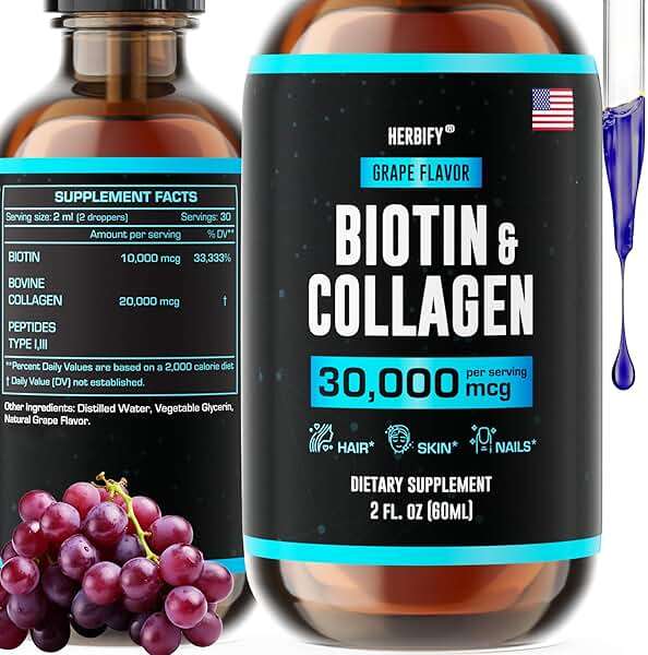 HERBIFY Liquid Biotin and Collagen Drops for Women & Men, 30 Days of Supply - Support Hair, Skin & Nails - Liquid Collagen for Women - 2 FL Oz Made in USA - Image 1