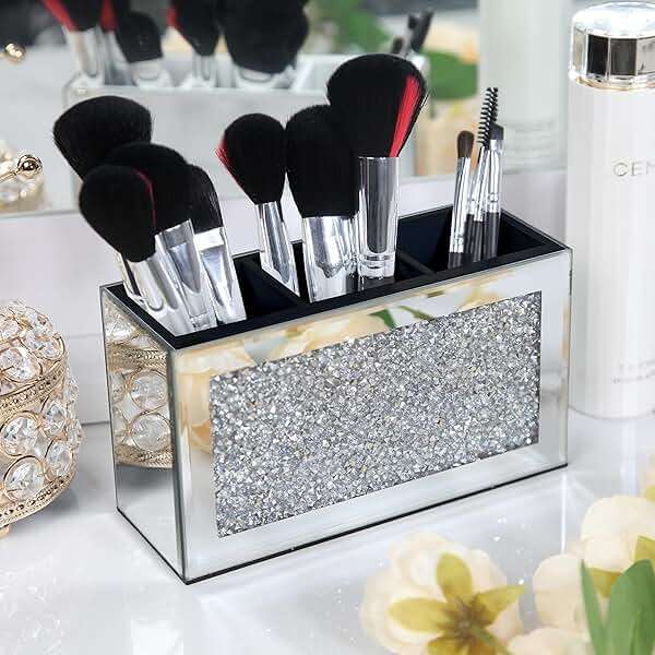 SHYFOY Mirrored Makeup Brush Holder Organizer, 3 Slot Glass Cosmetics Brushes Storage Holders with Crystal Crushed Diamond, Cute Pen and Pencil Holder for Desk, Eyeliners Display Case for Vanity - Image 1