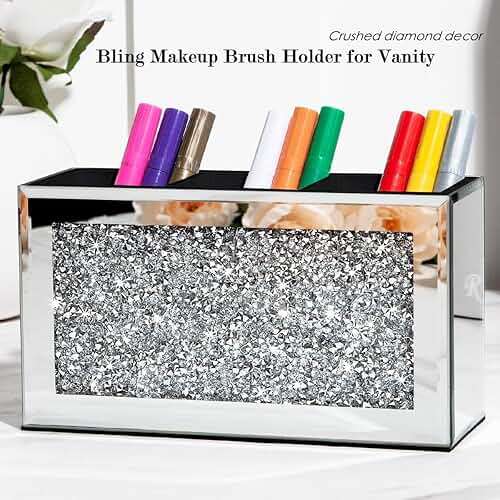 SHYFOY Mirrored Makeup Brush Holder Organizer, 3 Slot Glass Cosmetics Brushes Storage Holders with Crystal Crushed Diamond, Cute Pen and Pencil Holder for Desk, Eyeliners Display Case for Vanity - Image 2