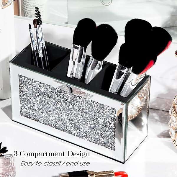 SHYFOY Mirrored Makeup Brush Holder Organizer, 3 Slot Glass Cosmetics Brushes Storage Holders with Crystal Crushed Diamond, Cute Pen and Pencil Holder for Desk, Eyeliners Display Case for Vanity - Image 3