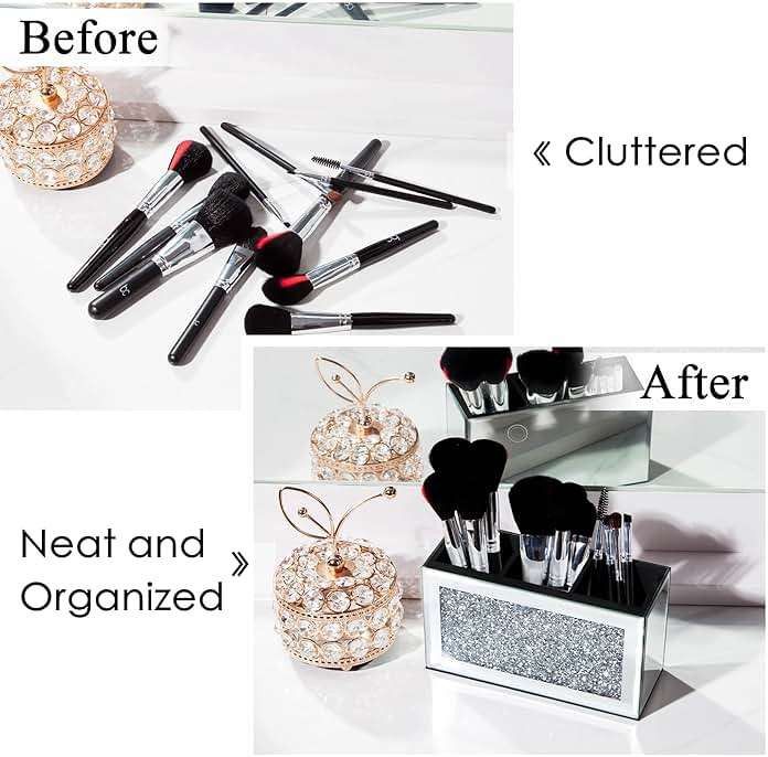 SHYFOY Mirrored Makeup Brush Holder Organizer, 3 Slot Glass Cosmetics Brushes Storage Holders with Crystal Crushed Diamond, Cute Pen and Pencil Holder for Desk, Eyeliners Display Case for Vanity - Image 4