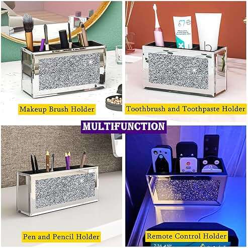SHYFOY Mirrored Makeup Brush Holder Organizer, 3 Slot Glass Cosmetics Brushes Storage Holders with Crystal Crushed Diamond, Cute Pen and Pencil Holder for Desk, Eyeliners Display Case for Vanity - Image 5