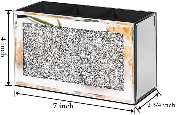 SHYFOY Mirrored Makeup Brush Holder Organizer, 3 Slot Glass Cosmetics Brushes Storage Holders with Crystal Crushed Diamond, Cute Pen and Pencil Holder for Desk, Eyeliners Display Case for Vanity - Image 6