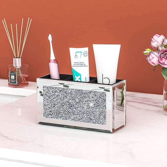 SHYFOY Mirrored Makeup Brush Holder Organizer, 3 Slot Glass Cosmetics Brushes Storage Holders with Crystal Crushed Diamond, Cute Pen and Pencil Holder for Desk, Eyeliners Display Case for Vanity - Image 7